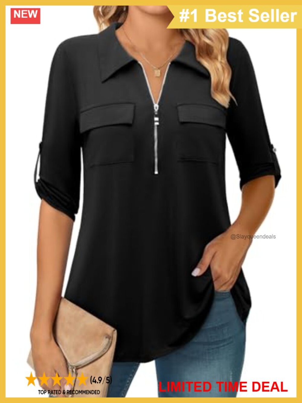 Women's 3/4 Sleeve Collared Blouse Zip Front V Neck Business Casual Tunic Top